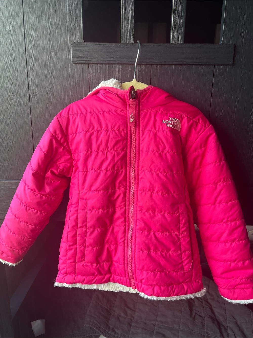 The North Face Kids Hot Pink Quilted Puffer Jacket with Sherpa Hood